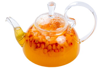 sea buckthorn tea in a transparent teapot. isolated on white