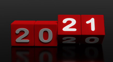 Poster - 2021 New year change, turn. 2021 start 2020 end, dice isolated against black background. 3d illustration
