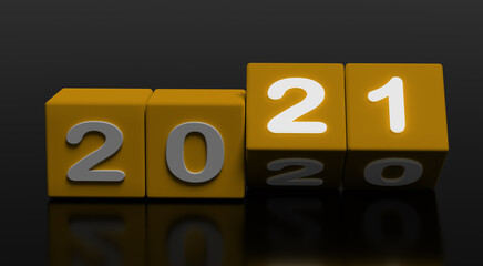 Poster - 2021 New year change, turn. 2021 start 2020 end, dice isolated against black background. 3d illustration