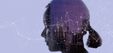 Double Exposure Of Asian Woman Silhouette And Modern Renewable City Skyline Background.Energy Digitalization Concept.