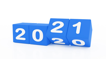 Poster - 2021 New year change, turn. 2021 start 2020 end, blue dice isolated against white background. 