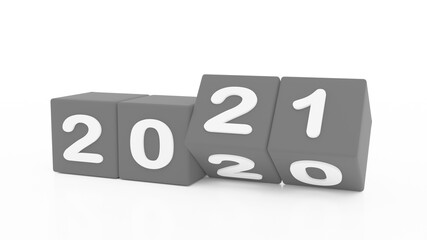Poster - 2021 New year change, turn. 2021 start 2020 end, grey dice isolated against white background. 