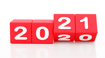 Poster - 2021 New year change, turn. 2021 start 2020 end, red dice isolated against white background. 
