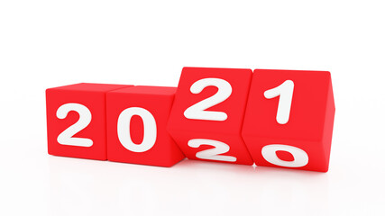 Poster - 2021 New year change, turn. 2021 start 2020 end, red dice isolated against white background. 