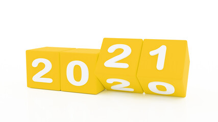 Poster - 2021 New year change, turn. 2021 start 2020 end, yellow dice isolated against white background. 