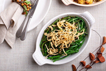 Traditional Thanksgiving side dish, green beans casserole with onions