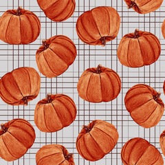 Pumpkin seamless pattern on tartan gingham  textures . Pumpkin background foe Harvest festival or Thanksgiving day. Vector repeating print