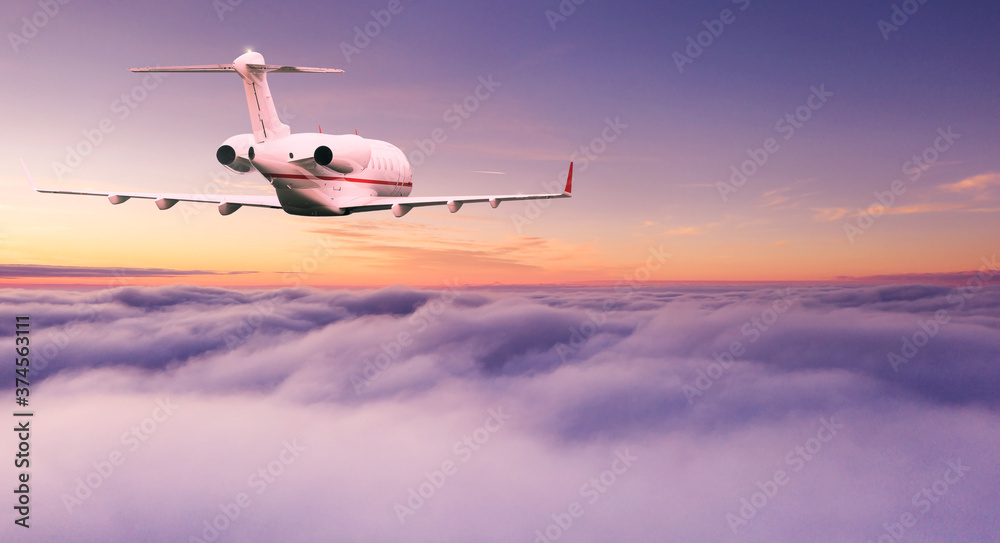 Small private jetplane flying above beautiful clouds. Travel and transportation concept. - obrazy, fototapety, plakaty 
