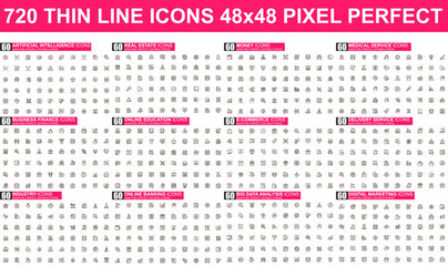 Poster - Bundle vector thin line icons. Contains such Icons as Business, Finance, Marketing, E-Commerce, Education, Analysis, Delivery and more. UI, UX vector icon. 48x48 pixel perfect linear pictogram pack.