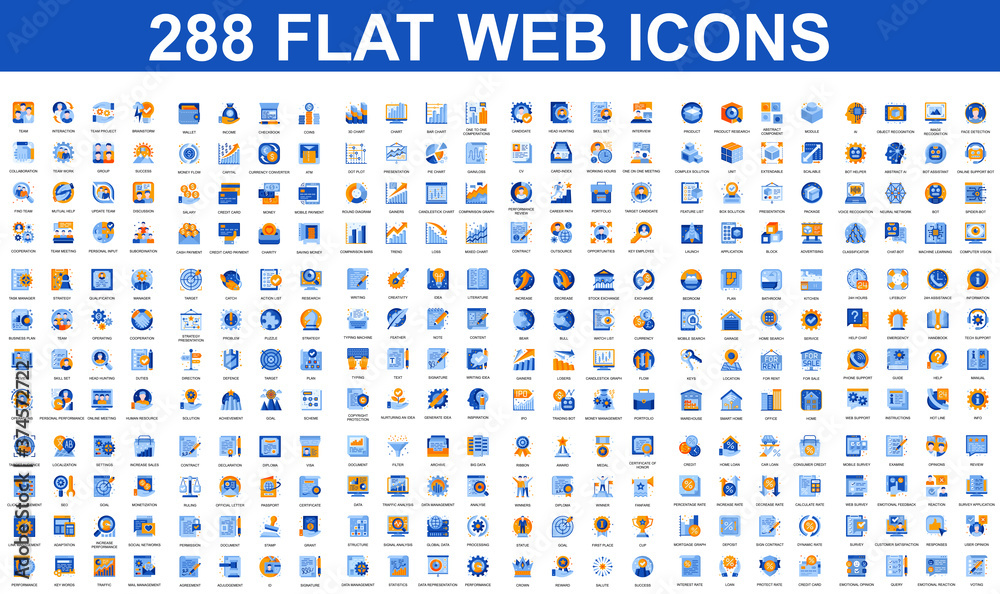Bundle vector flat icons concept. Contain such Icons as Teamwork, People, Finance, Analysis, SEO, Business, Money, Support, Real Estate and more. UI, UX vector icon. Flat conceptual pictogram pack. - obrazy, fototapety, plakaty 