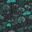 © Julia - Seamless pattern with glowing mushrooms in space. Bioluminescent mushrooms growing in the dark forest. Magic luminescent mushrooms. Dark background.