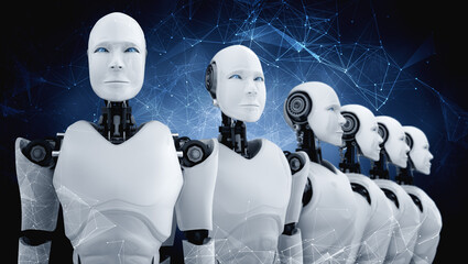 Poster - 3d illustration of robot humanoid group in concept of future artificial intelligence and 4th fourth 