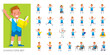 © yindee - Set of kid character vector design. Boy wear blue suit and playing. Presentation in various action with emotions, running, standing and walking.