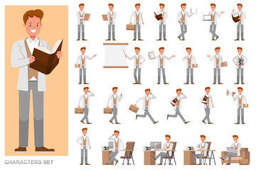Set of Teacher man character vector design. Presentation in various action with emotions, running, standing and walking.