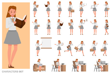 Set of Teacher woman people working character vector design. Presentation in various action with emotions, running, standing and walking.