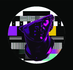 Poster - Fragmentary marble of plaster bust in bitmap pixel art style. Vaporwave and cyberpunk aesthetics from the 80s like in old video games.