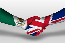 Handshake Between United Kingdom And Mexico Flags Painted On Hands, Illustration With Clipping Path.