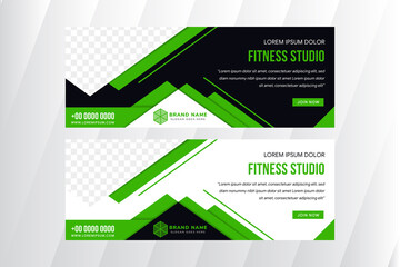 Poster - fitness studio training use horizontal layout banner template design. Combination light green, white and black colors. Triangle space for photo collage. Abstract geometric design. 
