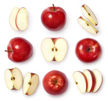 A Set Of Red Apples Isolated On White Background. Top View. Whole And Sliced Red Apple.