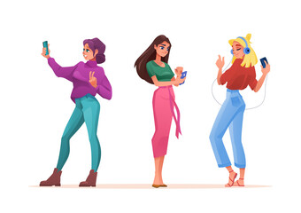 Aufkleber - Women using smartphones or mobile phones, vector isolated flat icons. Girl listening music on mobile phone, young woman taking selfie photo or video chat and texting message or browsing internet