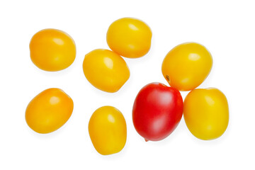 Wall Mural - Red and yellow cherry tomatoes isolated on white background. Flat lay, top view. Set of yellow and red tomatoes on a white background, top view.