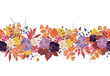 Watercolor painting seamless border with autumn flowers and leaves, rowan berries. Fall decor element vertical