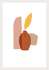 Fototapete - Trendy composition of exotic leaves and abstract vases for home decor, greeting card designs, invitation. Modern art. Minimalist shapes in pastel colors on light background. Vector illustration.