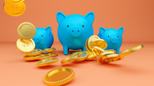 Blue Piggy Banks And Falling Golden Coins