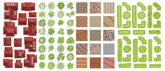 Wall Mural - Set of landscape elements. Houses, architectural elements, plants. Top view. Trees, tile roof, pavement, green fence. View from above. 