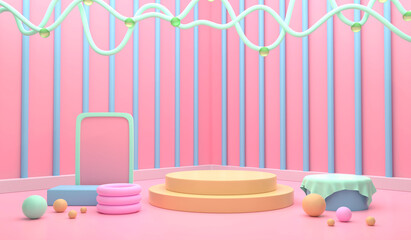 Abstract 3D Illustration mock up scene, with geometric pastel yellow podium can be used for product display, presentation and advertising, isolated on pastel pink background. 3D Rendering.