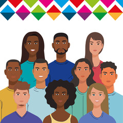 latin women and men cartoons with colored shapes design, national hispanic heritage month and culture theme Vector illustration