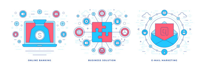 Poster - Set of vector illustrations flat line designs icons online banking and email marketing as business solutions