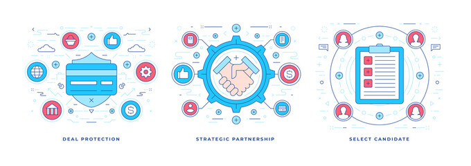 Set of vector illustrations flat linear banners with icons dedicated to candidate selection for secure business deal