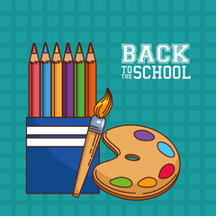 Poster - colored pencils paint palette and brush of back to school vector design