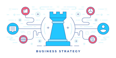 Poster - Vector illustration of flat line banner design with icons around chess piece for website business strategy solutions