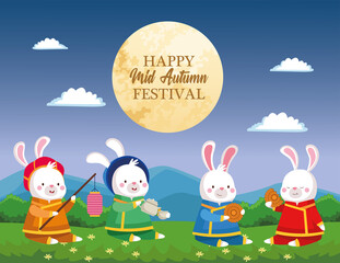 Sticker - rabbits cartoons in traditional cloth with lantern tea pot cup and mooncake vector design