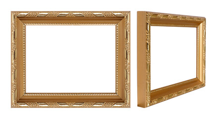 Golden frame for paintings, mirrors or photo in perspective view isolated on white background