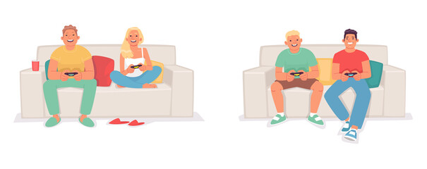 Set of characters playing video games on the console. Friends and a couple of young people are sitting on the couch