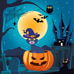 Sticker - Halloween cat cartoon on pumpkin in front of house vector design