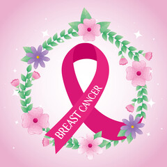 Wall Mural - pink ribbon with flowers and leaves of breast cancer awareness design, campaign and prevention theme Vector illustration