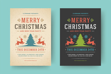 Wall Mural - Christmas party flyer event vintage typography and decoration elements vector illustration