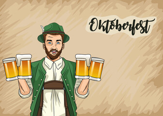 Wall Mural - oktoberfest man cartoon with traditional cloth and beer glasses vector design