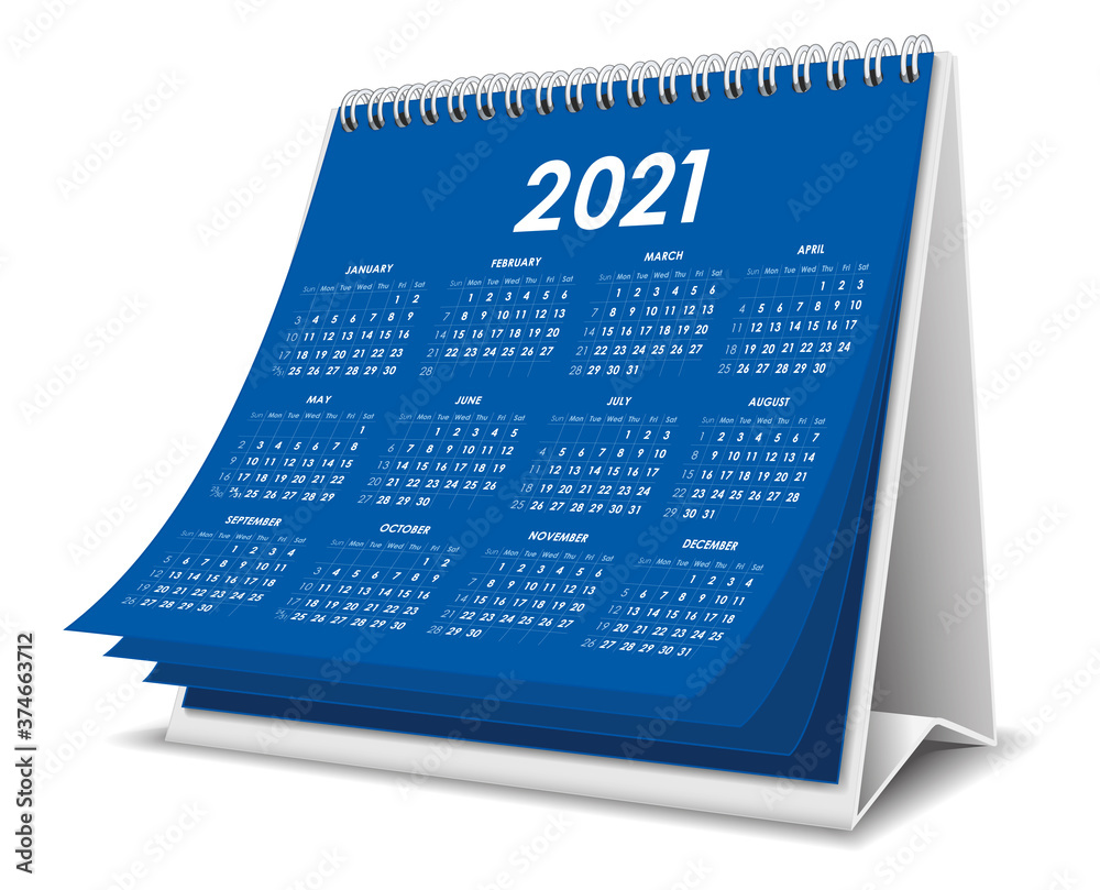 Desktop calendar 2021 illustration in blue color