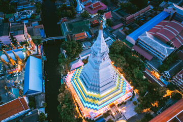 Aerial view of Wat Paknam Bhasicharoen, a temple, pagoda and Buddha statue in Bangkok Thailand