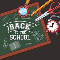 Wall Mural - green board with lupe pencil scissor and clock of back to school vector design