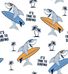 Wall Mural - Vector Seamless pattern with shark  illustrations and slogan text, for t-shirt prints and other uses.