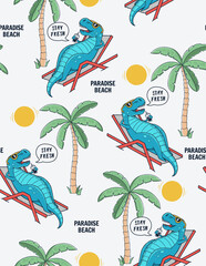 Wall Mural - Cool dinosaur sunbathing and drink a cocktail. Seamless pattern for t-shirt prints and other uses.