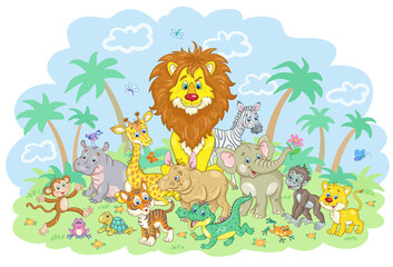 Poster - A group of cute African animals are sitting in a summer meadow. Colorful card in cartoon style. Vector illustration.