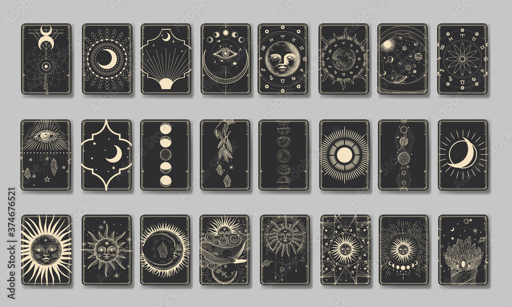 Set of decorative tarot cards. Vintage retro vintage engraving style. the sun, moon phases, crystals, magic symbols. print in the interior and design. vector graphics - obrazy, fototapety, plakaty 