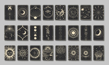 Set Of Decorative Tarot Cards. Vintage Retro Vintage Engraving Style. The Sun, Moon Phases, Crystals, Magic Symbols. Print In The Interior And Design. Vector Graphics